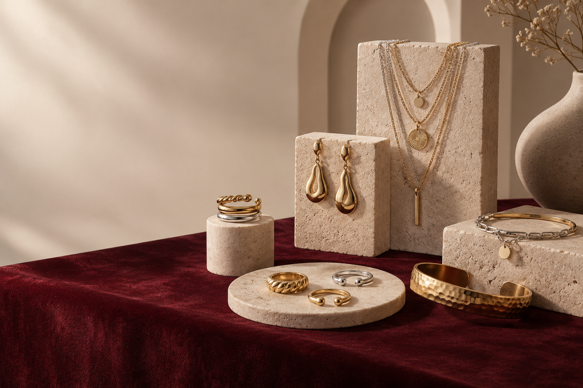 Sélection de bijoux dorés et argentés sur velours bordeaux