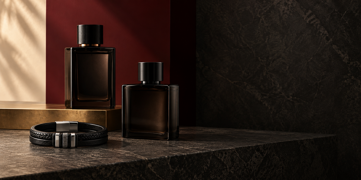 Parfums et bracelet pour homme dans un décor bordeaux et anthracite