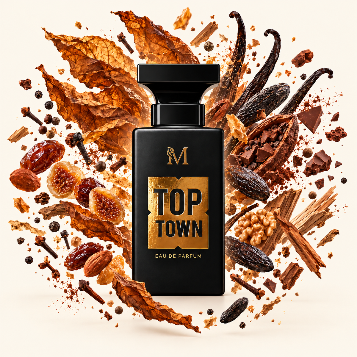 Top Town – flacon et notes olfactives éclatées sur fond ivoire