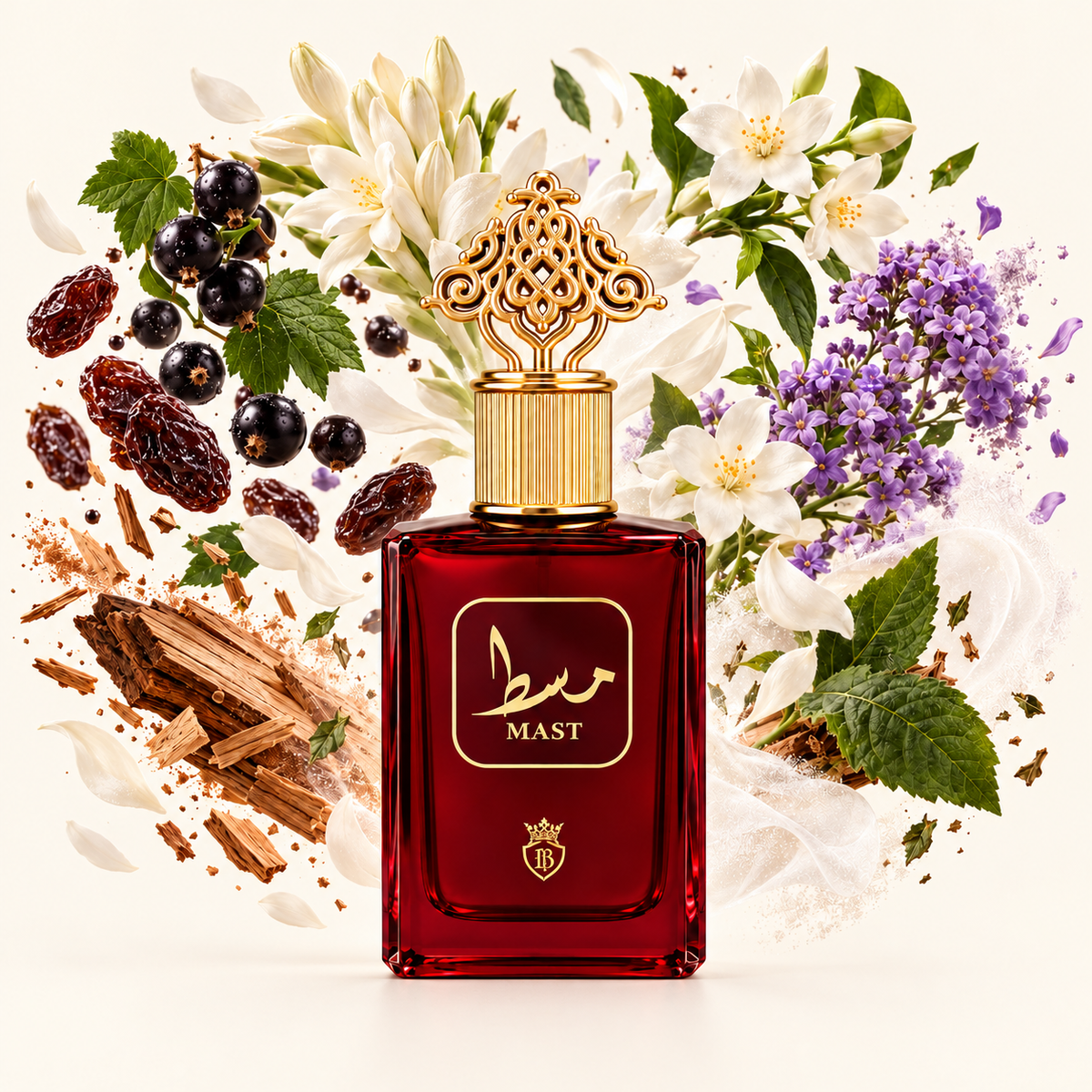 Mast – Eau de parfum femme 100 ml – flacon et notes olfactives éclatées sur fond ivoire