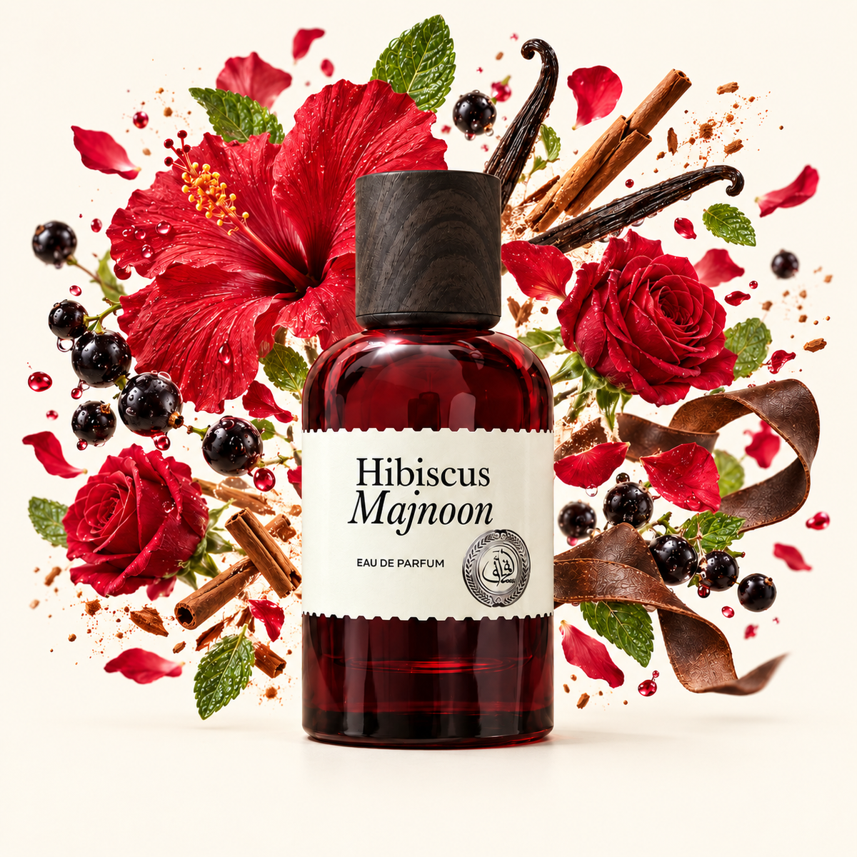 Hibiscus Majnoon – Eau de parfum mixte 100 ml – flacon et notes olfactives éclatées sur fond ivoire
