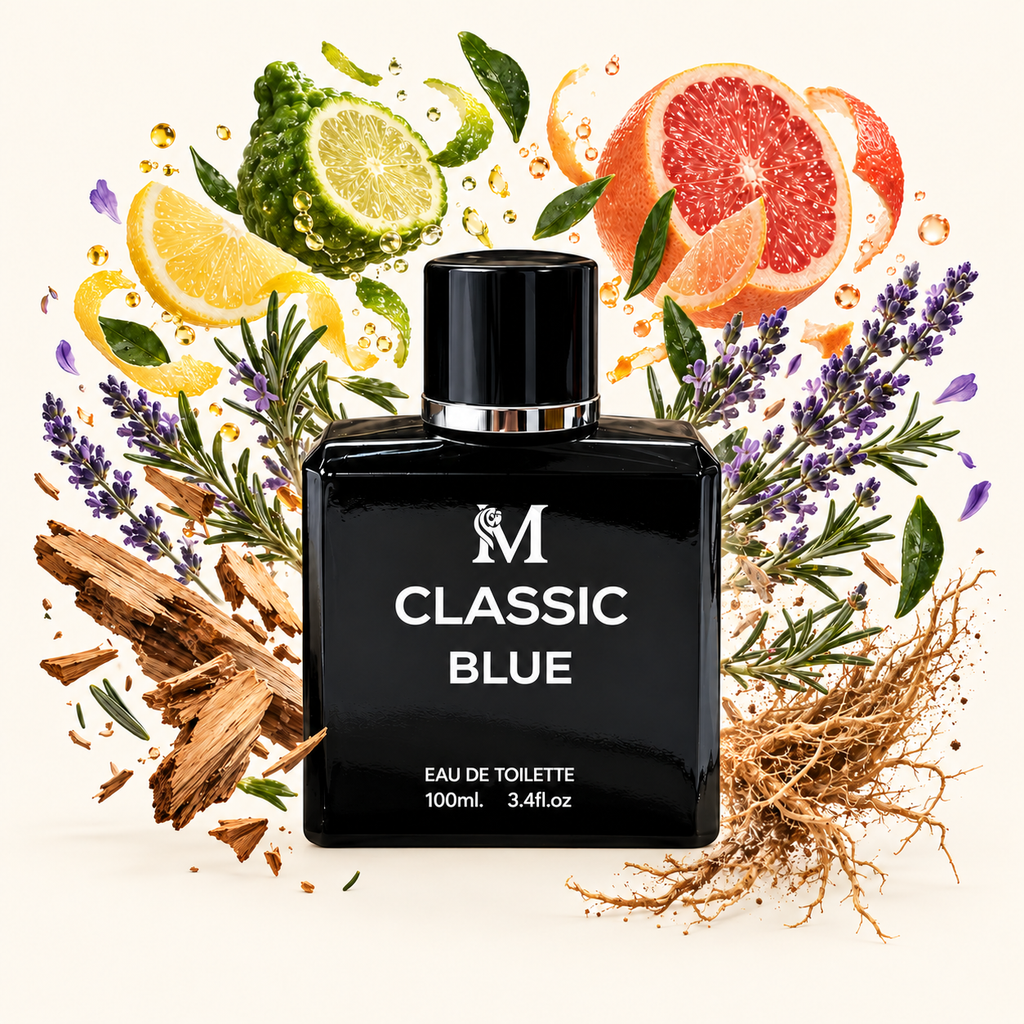 Classic Blue – flacon et notes olfactives éclatées sur fond ivoire