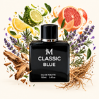 Classic Blue – flacon et notes olfactives éclatées sur fond ivoire