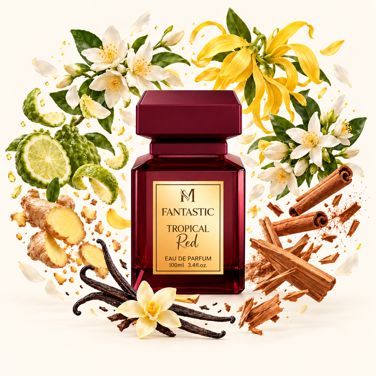 Fantastic Tropical Red – flacon et notes olfactives éclatées sur fond ivoire