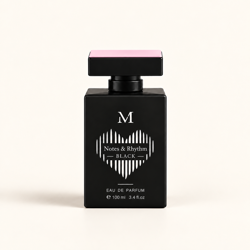 Notes & Rhythm Black – flacon sur fond ivoire