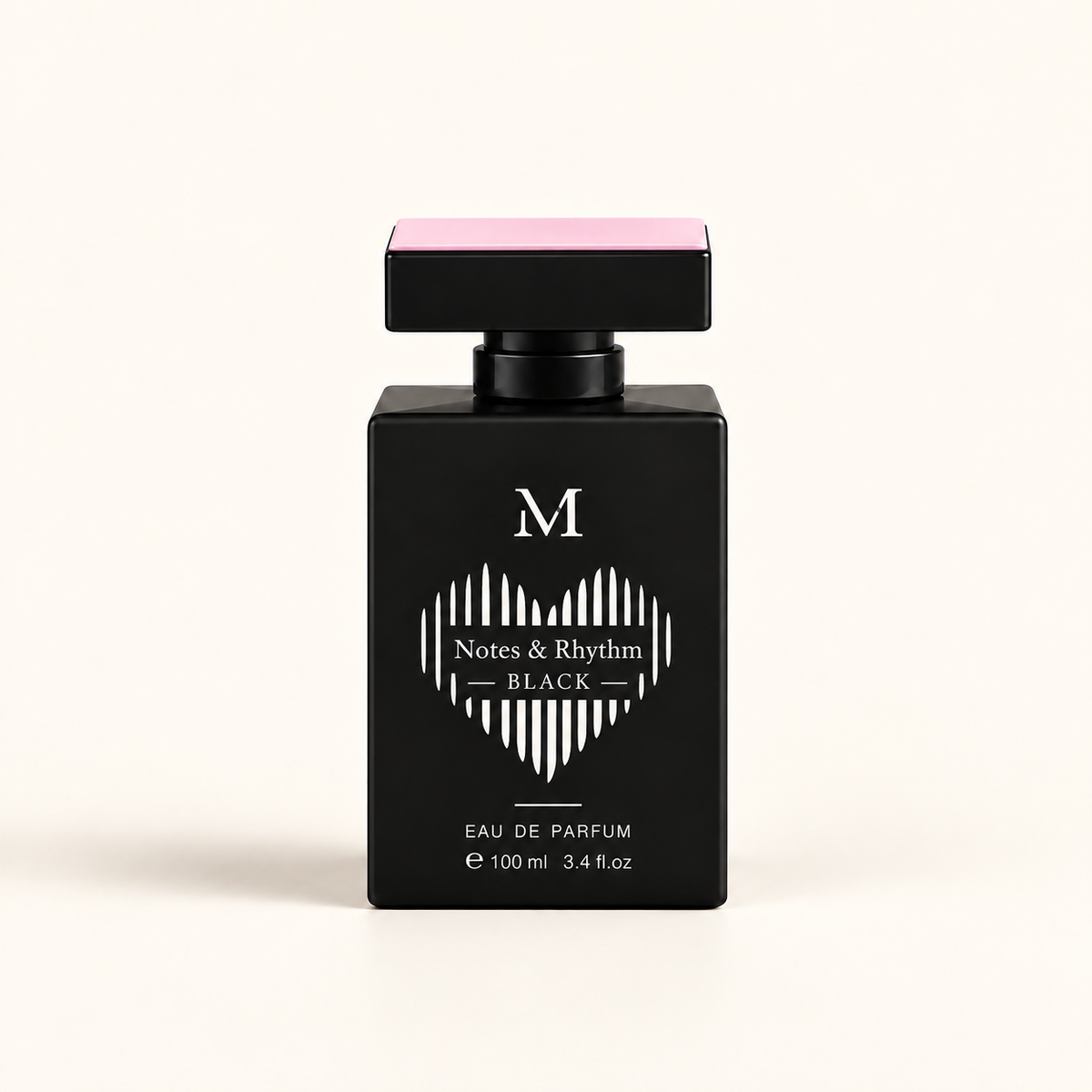 Notes & Rhythm Black – flacon sur fond ivoire