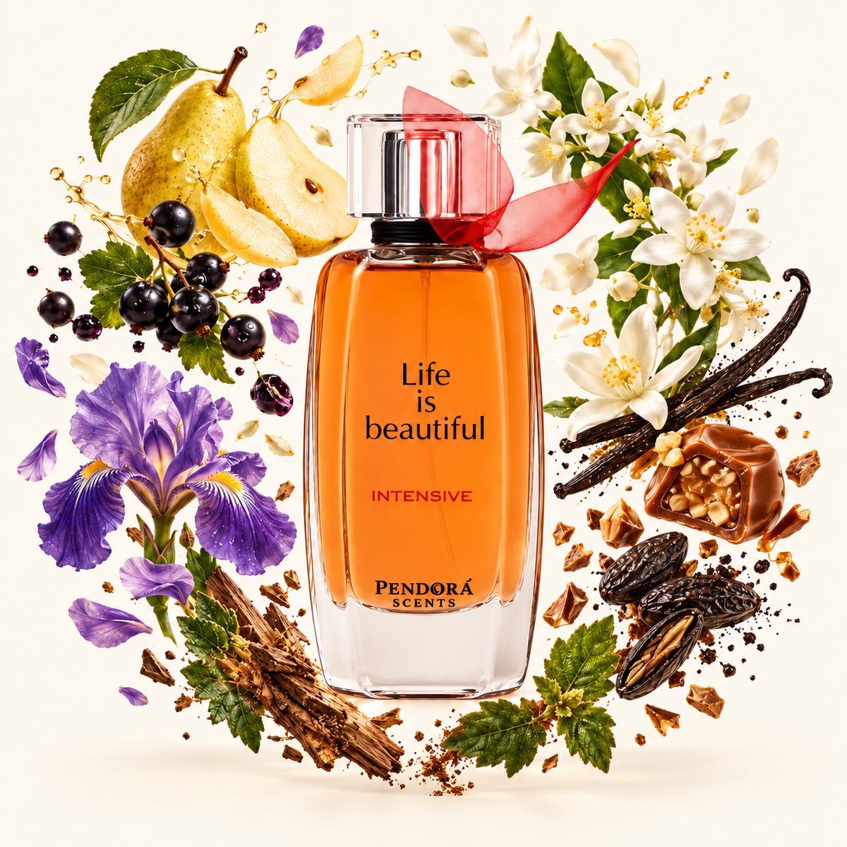 Life Is Beautiful Intense – flacon et notes olfactives éclatées sur fond ivoire