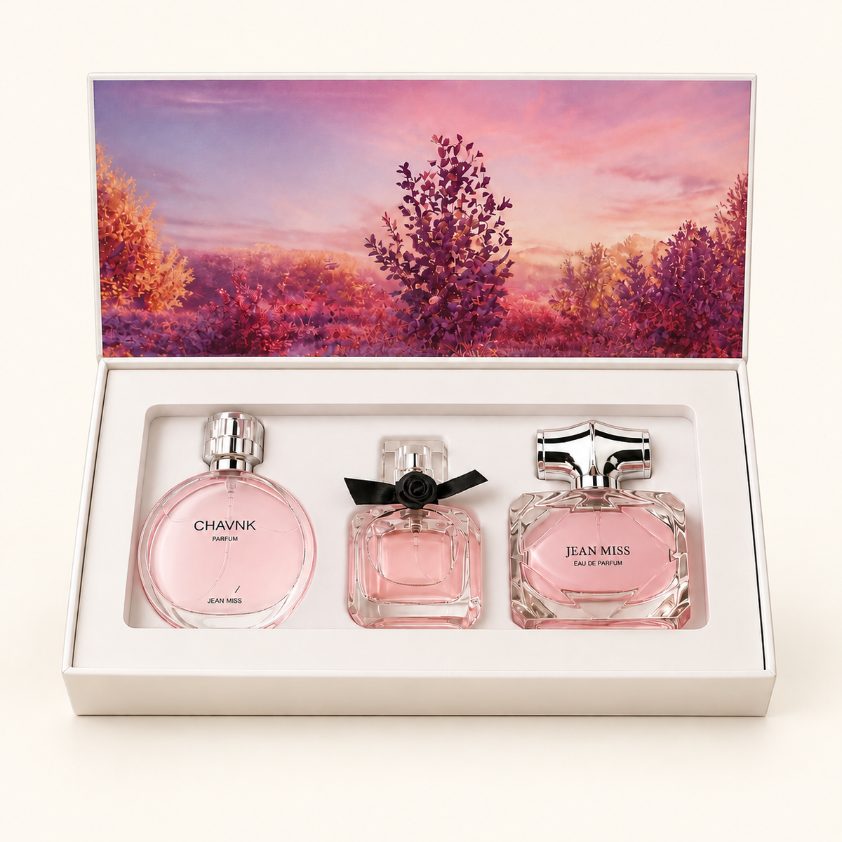 Coffret de parfums sur fond ivoire