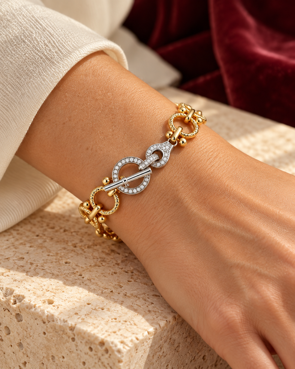 Solène bracelet worn — AI-generated styled image
