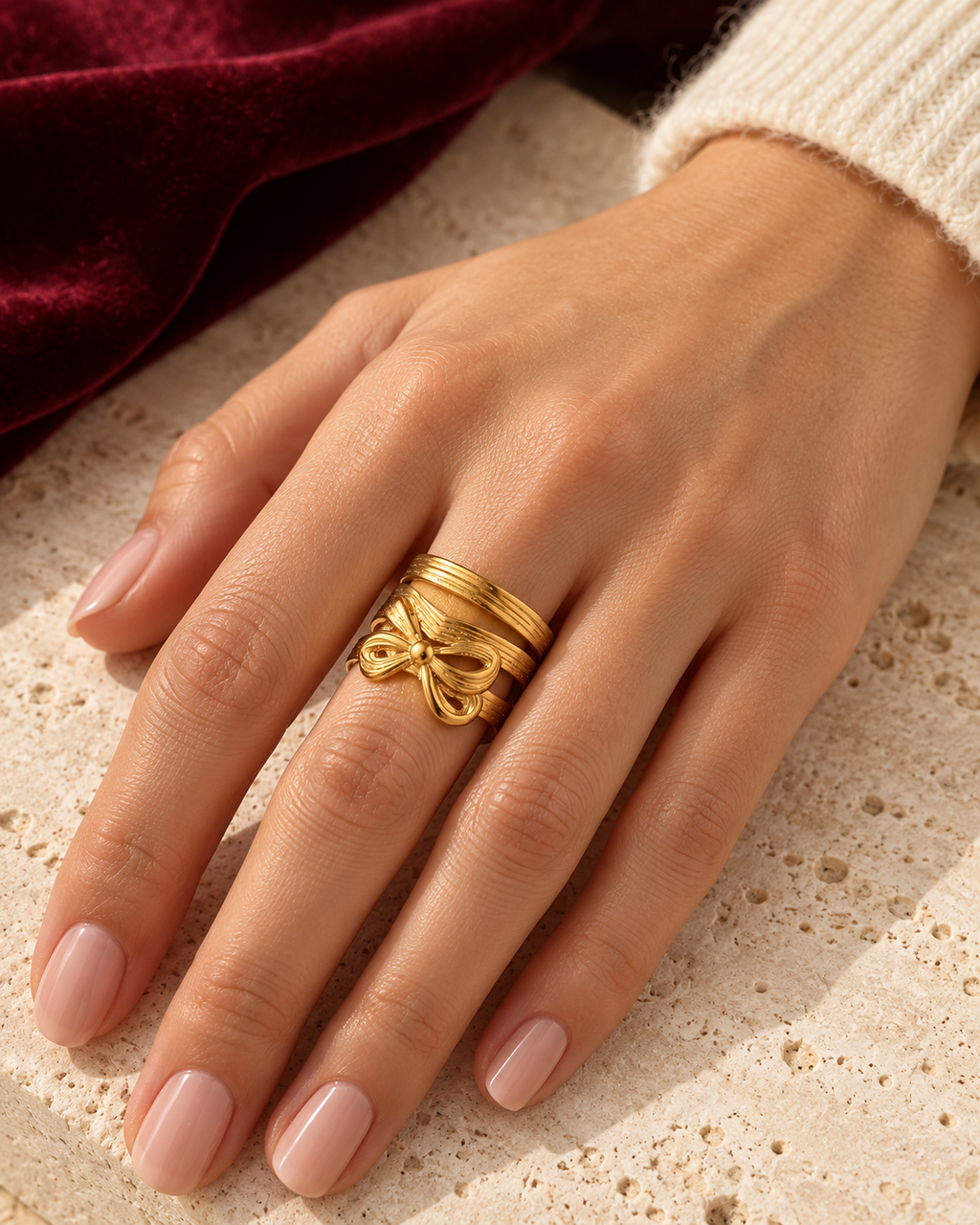 Anello regolabile Olympe indossato — immagine ambientata generata con IA