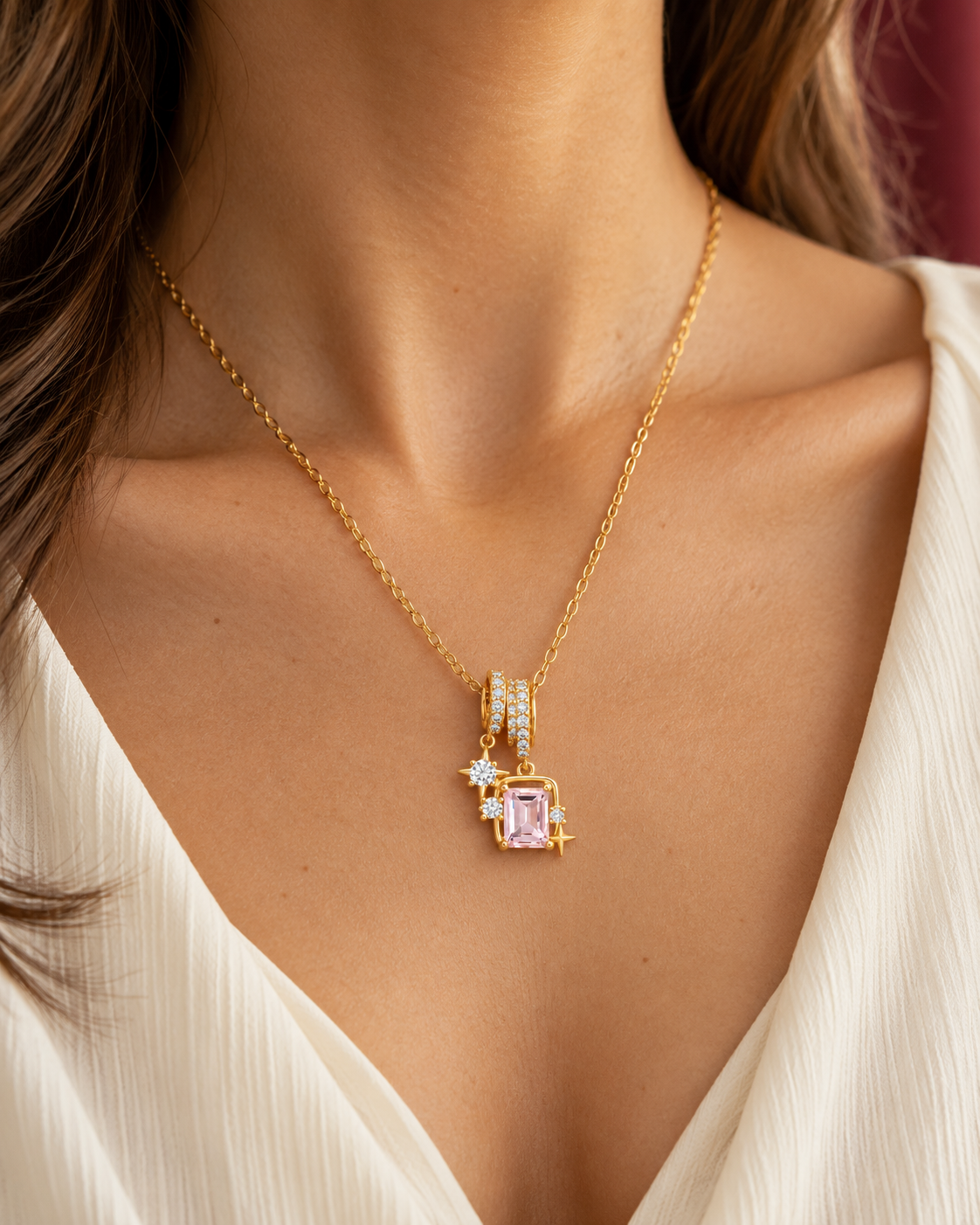 Rosalie necklace worn — AI-generated styled image