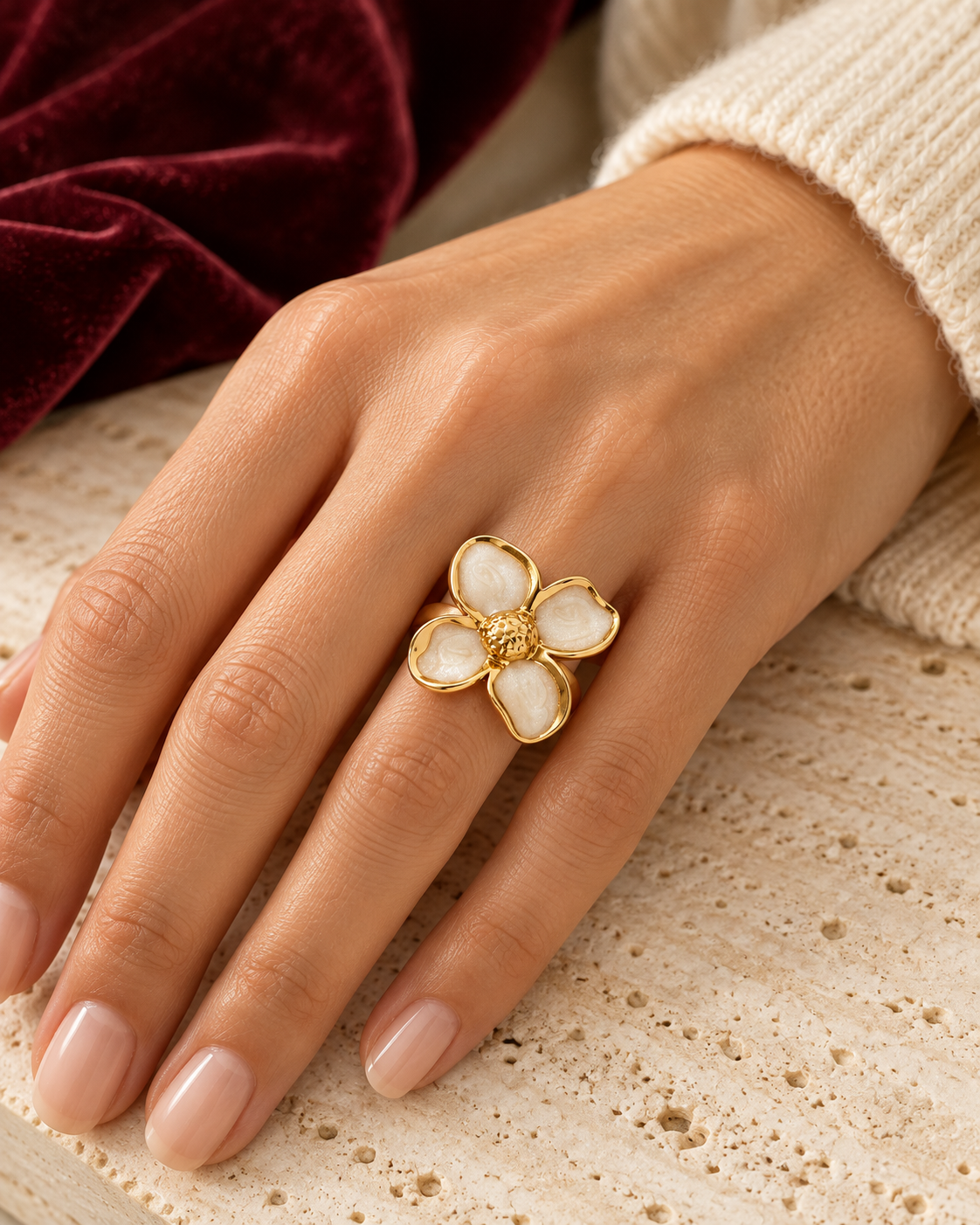 Flora ring worn — AI-generated styled image