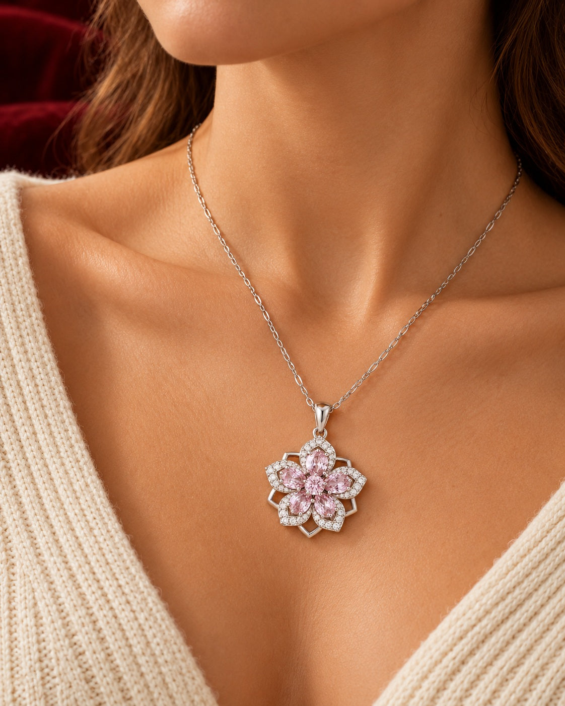Collana Fleur Cœur rose indossata — immagine ambientata generata con IA