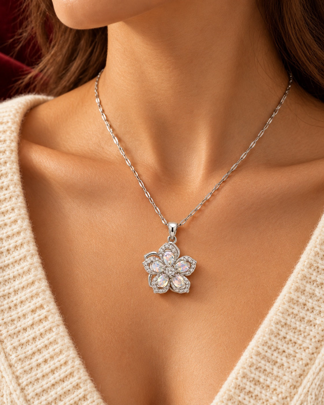 Flower necklace with white rhinestones worn — AI-generated styled image