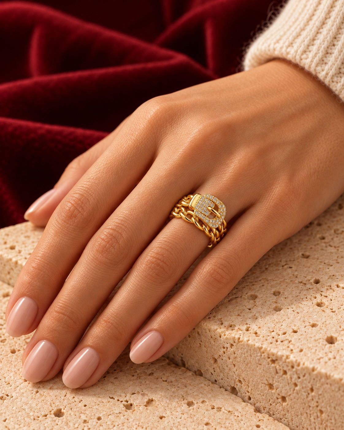 Marilyne adjustable ring worn — AI-generated styled image