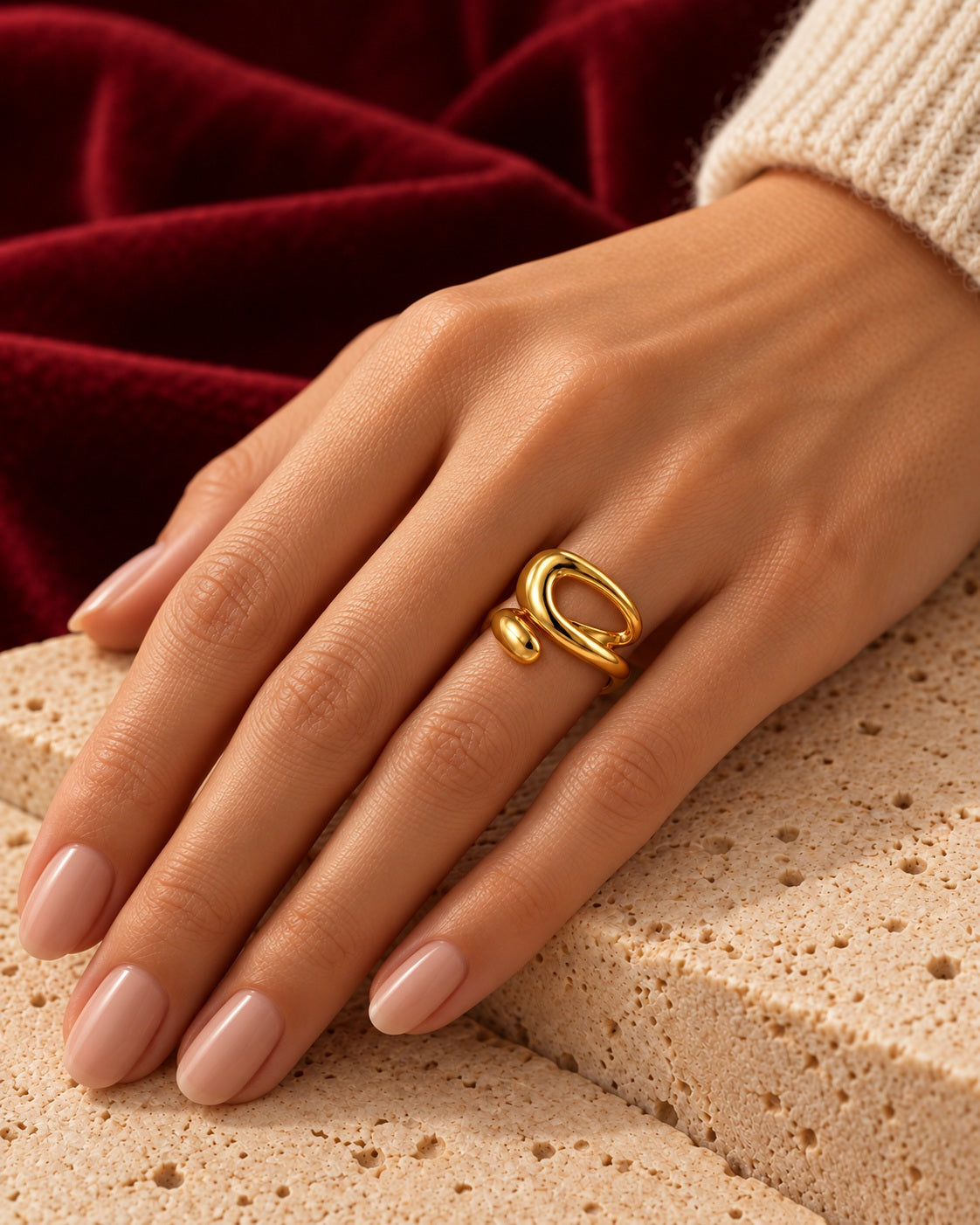 Rêve adjustable ring worn — AI-generated styled image