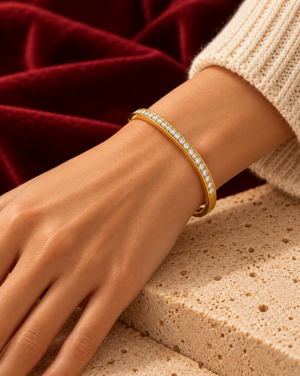 Gold-tone bangle worn — AI-generated styled image