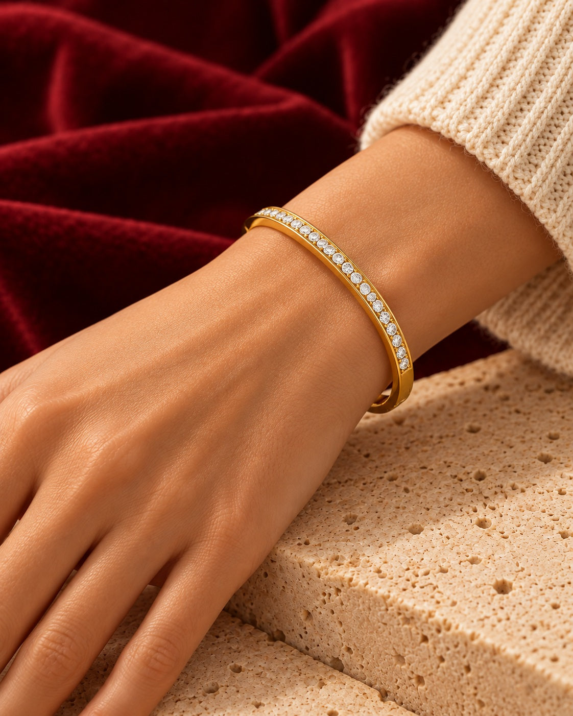 Gold-tone bangle worn — AI-generated styled image