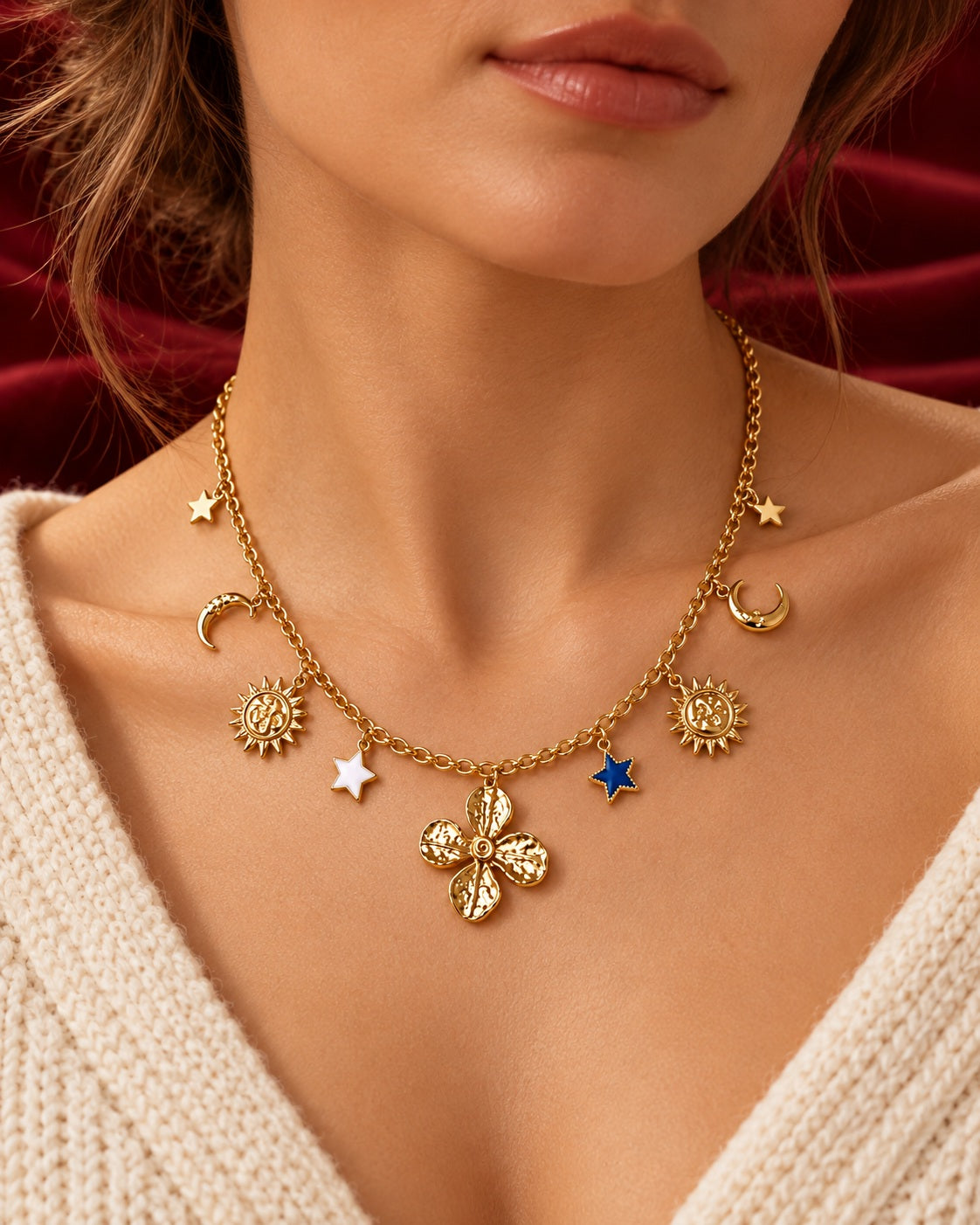 Sarah necklace worn — AI-generated styled image