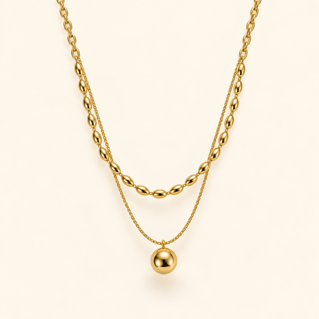 Double bead necklace on an ivory background