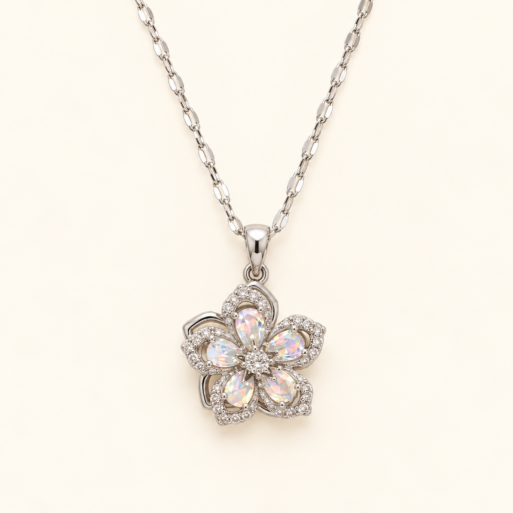 Flower necklace with white rhinestones on an ivory background