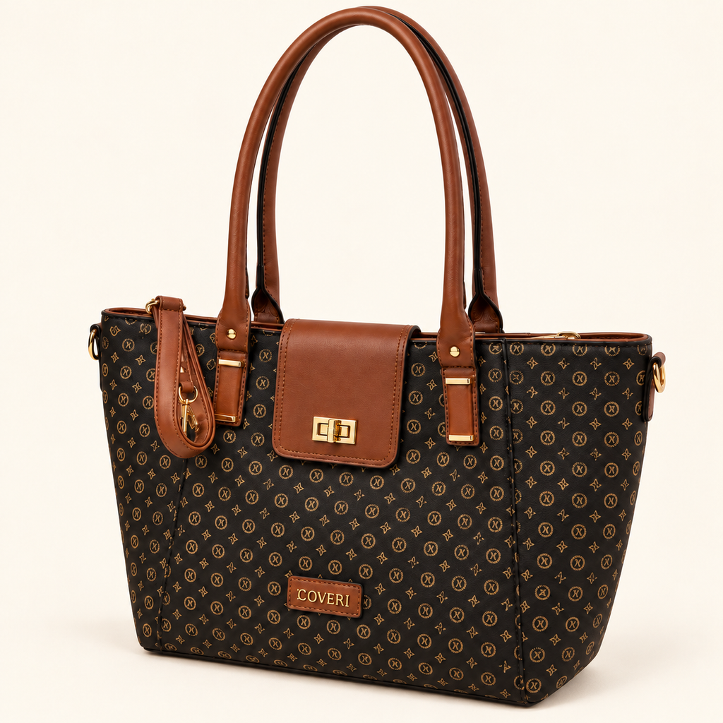 Cabas monogrammé cognac — fond ivoire