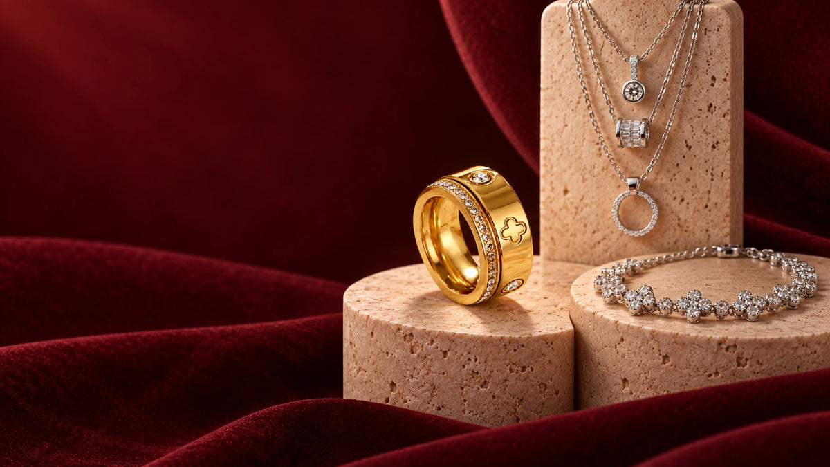 Selezione Laetiso: anello Cosy, collane e bracciale su pietra beige e velluto bordeaux